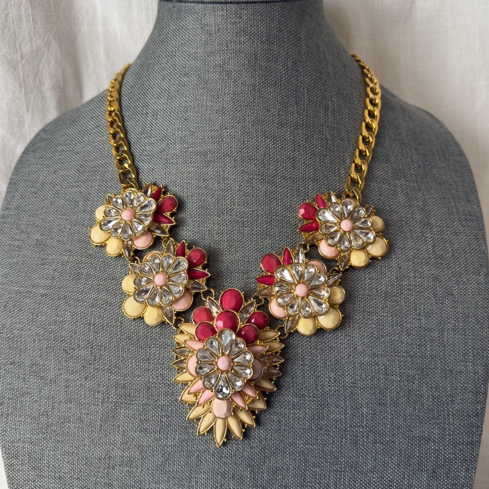Joan Rivers Floral Statement Necklace | Gold Tone | Pink, Red & Cream